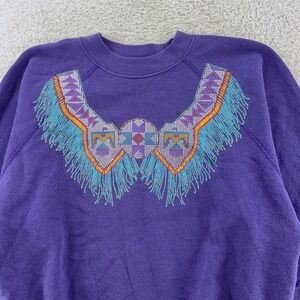 Vintage Beaded‎ Native Fringe Crewneck Sweatshirt Mens Medium Purple 90s USA